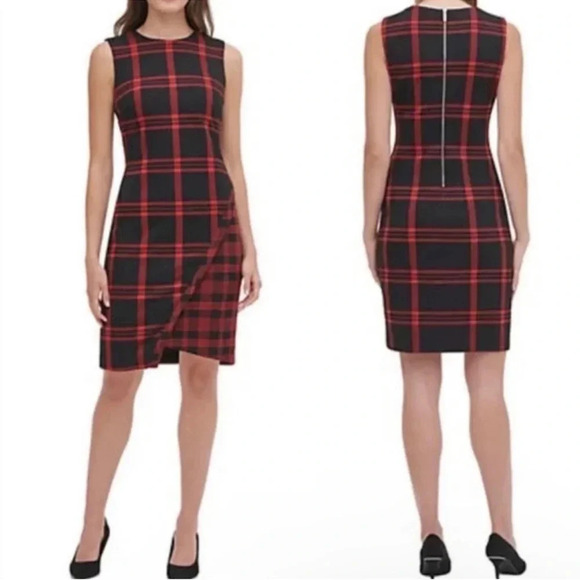 Tommy Hilfiger Dresses & Skirts - Tommy Hilfiger Red Black Plaid Asymmetrical Sheath Dress Size 16
